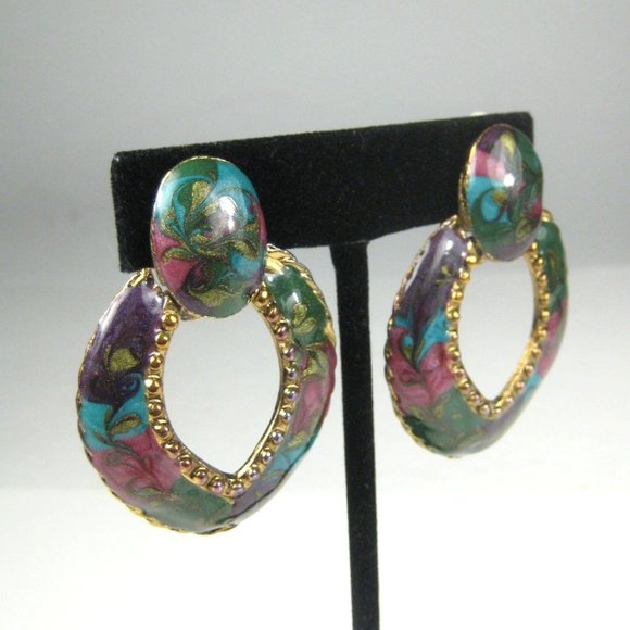 Enamel Dangle Clip On Earrings Goldtone  1980 1990 Vintage 2 inch - Picture 4 of 5